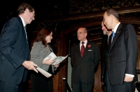 Baha'i delegates Arthur Lyon Dahl and Tahirih Naylor receive certificates. They are pictured with Prince Philip, founder of ARC; Martin Palmer of ARC; and UN Secretary General Ban Ki Moon.